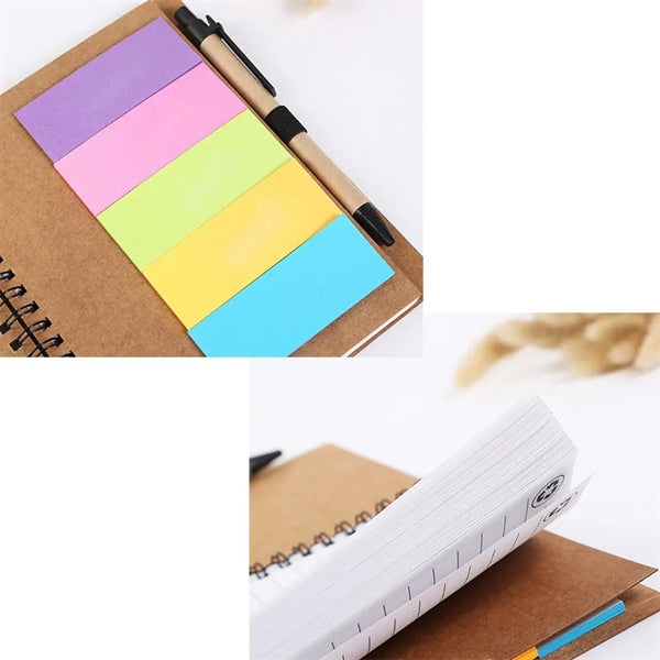 Kraft Paper Cover Spiral Notebook with Pen and Sticky Notes