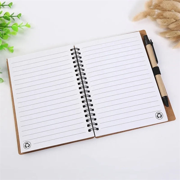 Kraft Paper Cover Spiral Notebook with Pen and Sticky Notes
