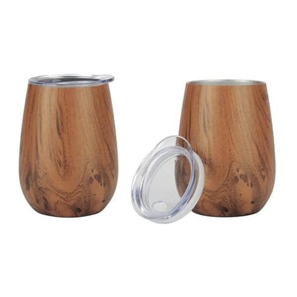 12oz Wood Grain Insulated Wine Tumbler Coffee Mug With Lid