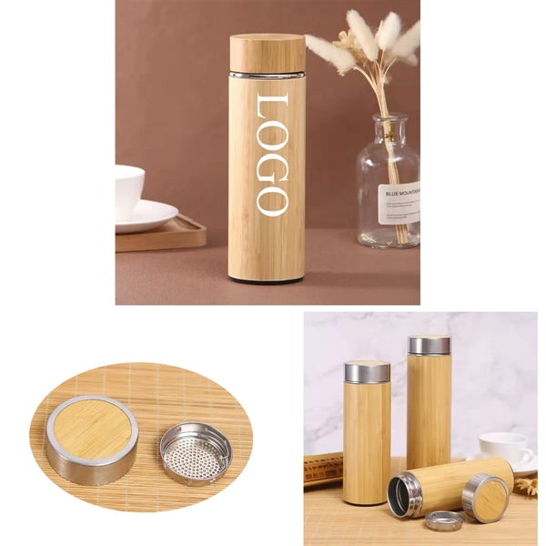 15 Oz Double Wall Stainless & Bamboo Shell Thermos Cup