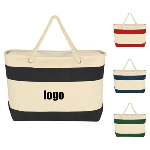 Large Canvas Striped Tote Beach Bag With Rope Handles
