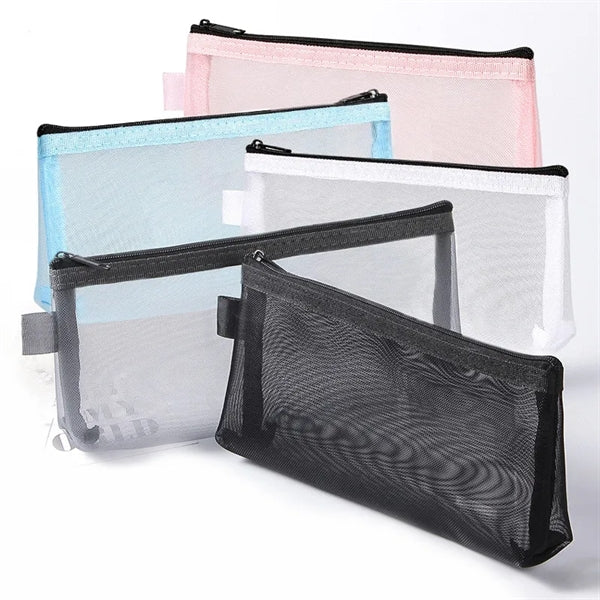 Transparent Zippered Nylon Mesh Pencil Pouch Organizer