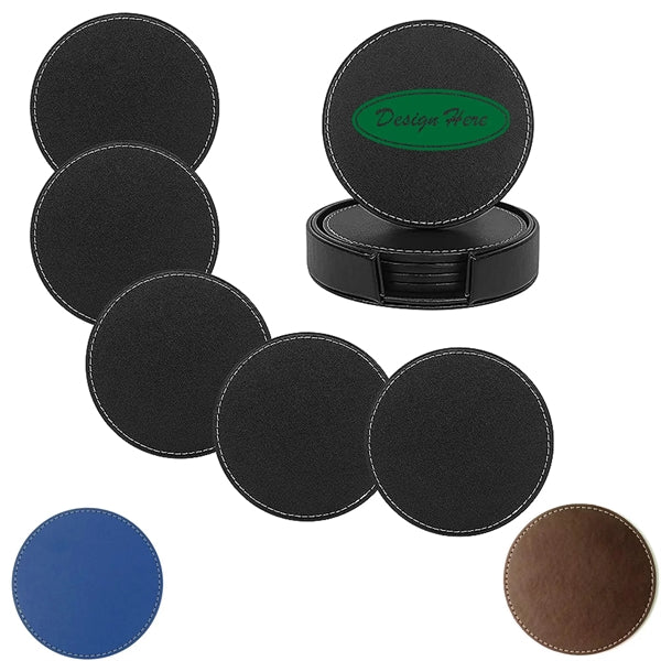 Set of 5 Premium PU Leather Coaster with Holder