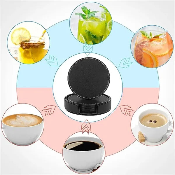 Set of 5 Premium PU Leather Coaster with Holder