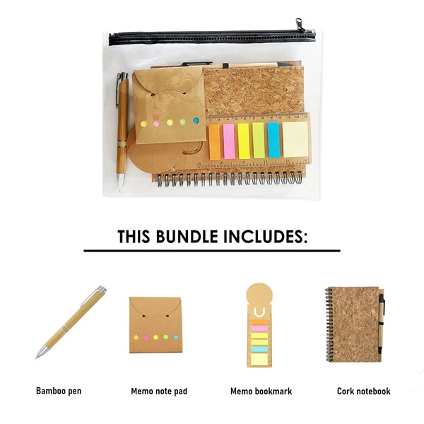 Cork Notebook Bamboo Pen Memo Pad Bookmark Stationery Set