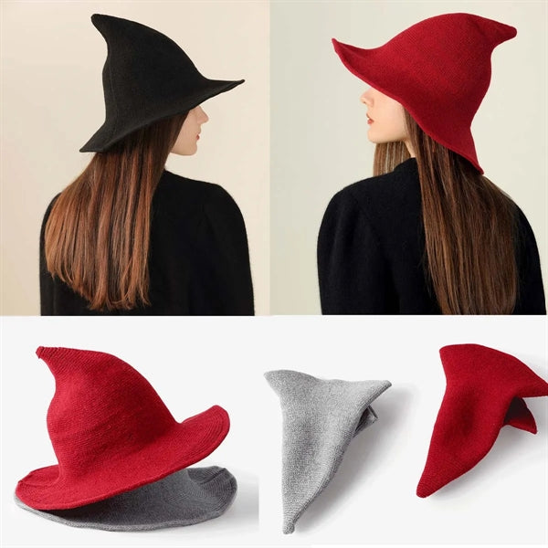 Halloween Womens Knitted Wool Spiked Big Brim Witch Hat