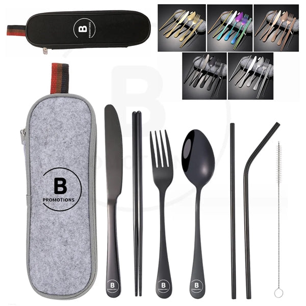 Portable 7 pcs Stainless Steel Cutlery Set w/Felt Bag
