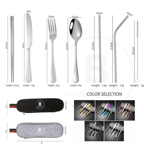 Portable 7 pcs Stainless Steel Cutlery Set w/Felt Bag