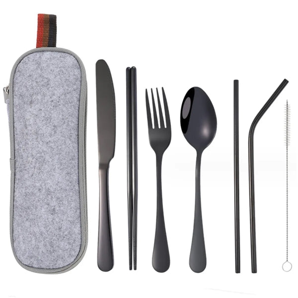 Portable 7 pcs Stainless Steel Cutlery Set w/Felt Bag
