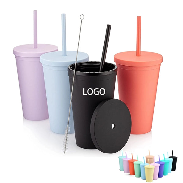 16oz Double Layer Solid Color Plastic Water Cup With Straw