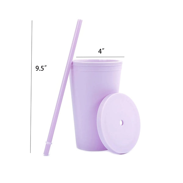 16oz Double Layer Solid Color Plastic Water Cup With Straw