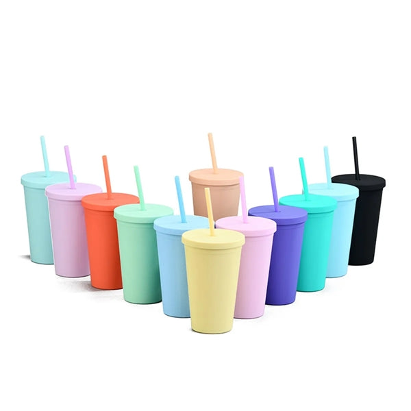 16oz Double Layer Solid Color Plastic Water Cup With Straw