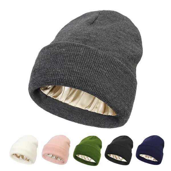 Winter Knit Beanie Hats With Satin Lined