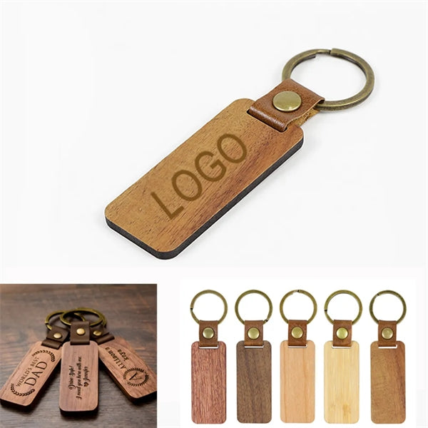 Wooden Rectangle Leather Keychain