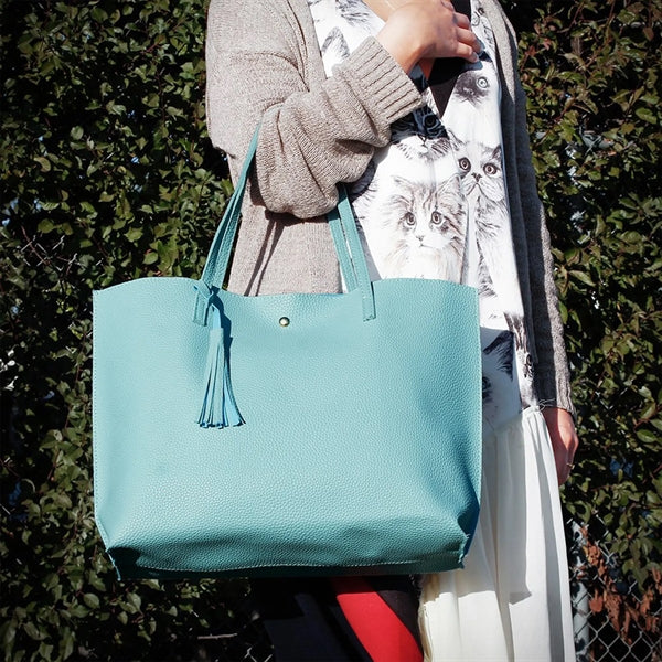 Women Large Tote Bag Tassels Faux Leather Shoulder Handbags
