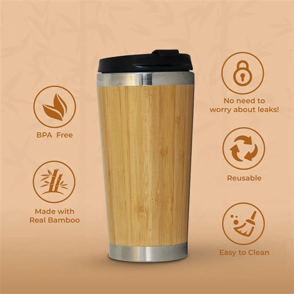 14 oz Bamboo Coffee Cup with Lid Stainless Steel Tumbler