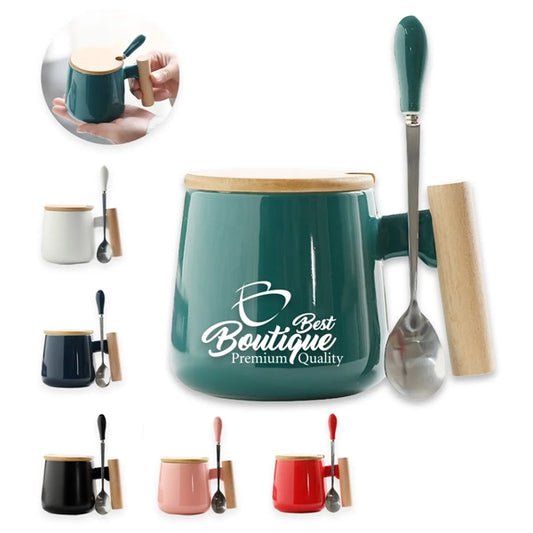 13 Oz. Ceramic Coffee/Tea Mug With Wooden Handle & Lid