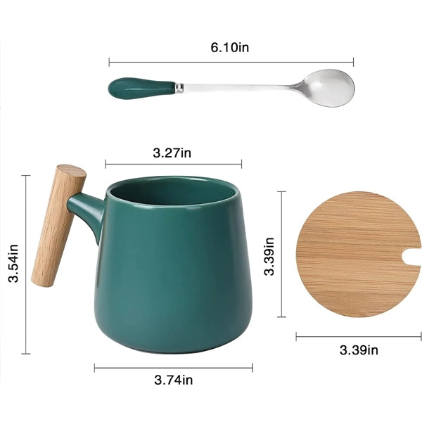 13 Oz. Ceramic Coffee/Tea Mug With Wooden Handle & Lid