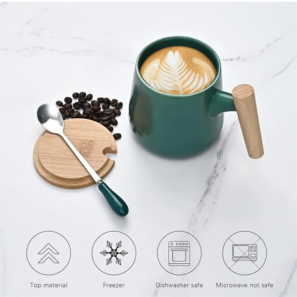 13 Oz. Ceramic Coffee/Tea Mug With Wooden Handle & Lid