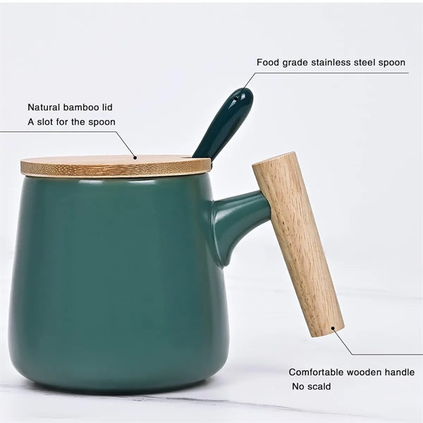 13 Oz. Ceramic Coffee/Tea Mug With Wooden Handle & Lid