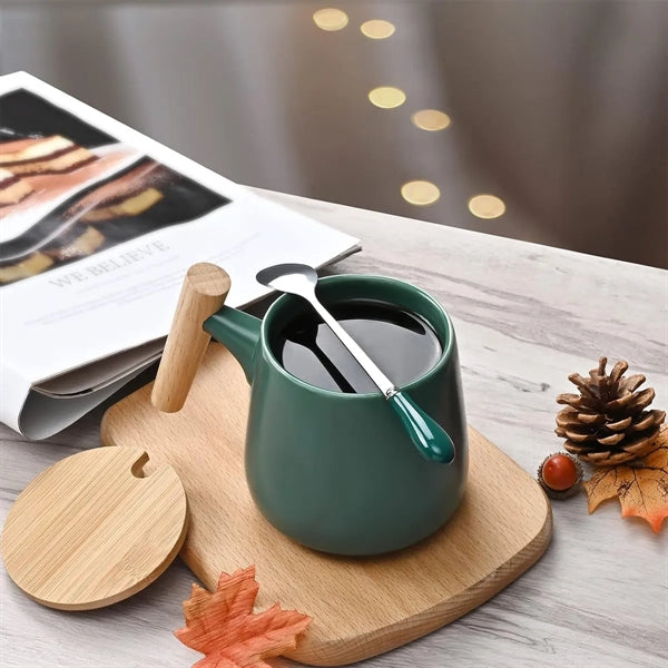 13 Oz. Ceramic Coffee/Tea Mug With Wooden Handle & Lid