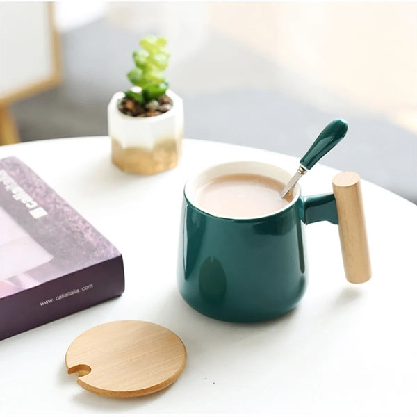 13 Oz. Ceramic Coffee/Tea Mug With Wooden Handle & Lid