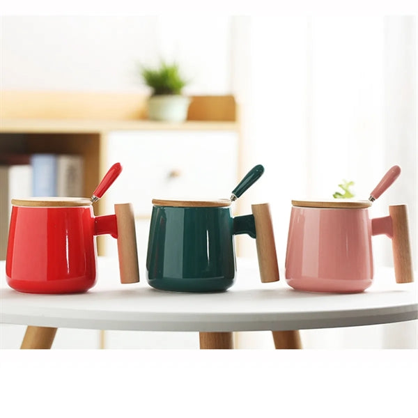 13 Oz. Ceramic Coffee/Tea Mug With Wooden Handle & Lid