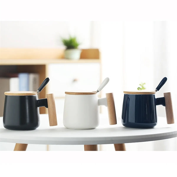 13 Oz. Ceramic Coffee/Tea Mug With Wooden Handle & Lid