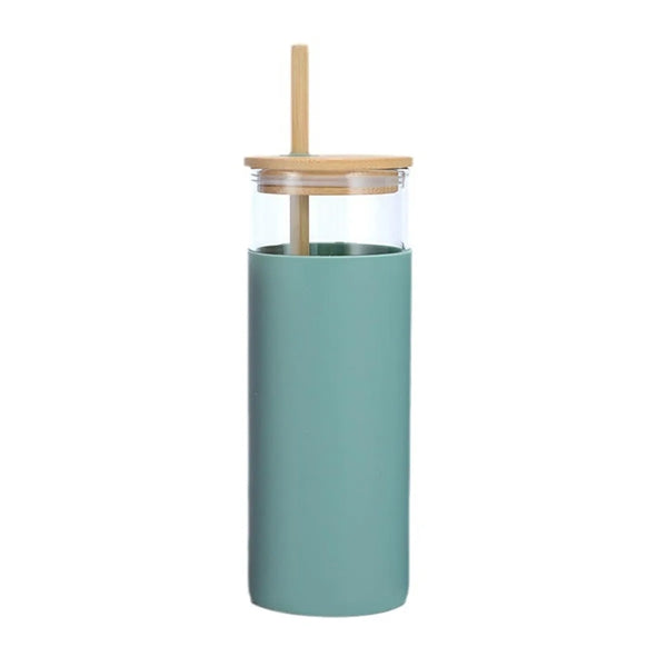 17oz Straw Tumbler Bamboo Lid Glass Bottle