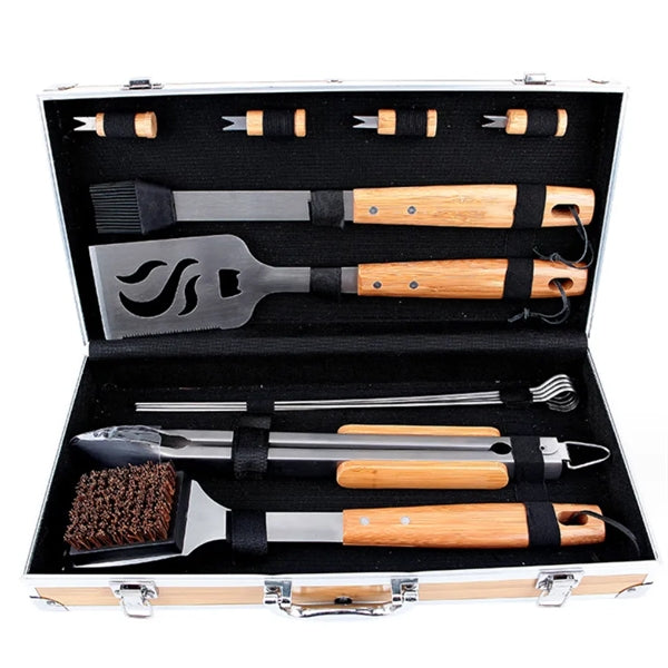 Stainless Wooden Handle 8 -Pieces Outdoor Barbecue Tool