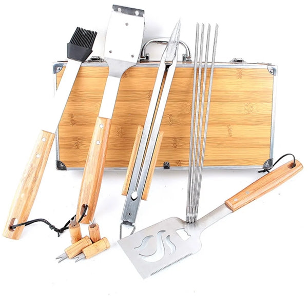 Stainless Wooden Handle 8 -Pieces Outdoor Barbecue Tool