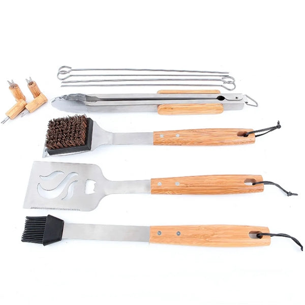 Stainless Wooden Handle 8 -Pieces Outdoor Barbecue Tool