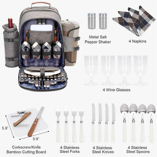 Picnic Backpack Set for 4 Persons with Bottle/Wine/Cutlery