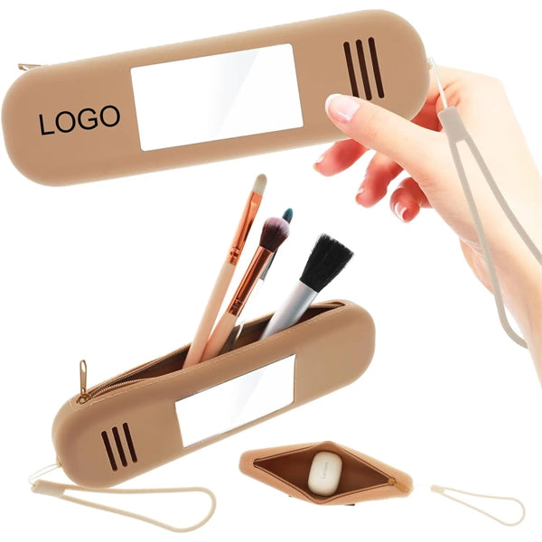 Zipper Silicon Cosmetic Face Brushes Holder with Mirror