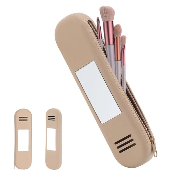 Zipper Silicon Cosmetic Face Brushes Holder with Mirror