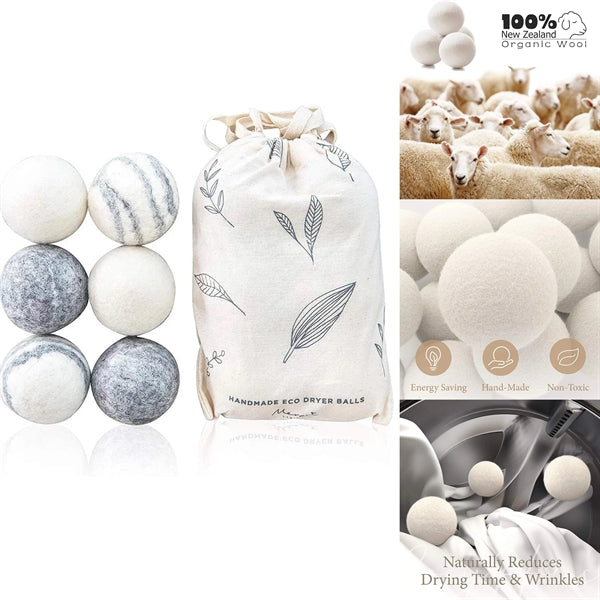 6 Pack Laundry Wool Dryer Balls with Cotton Bag
