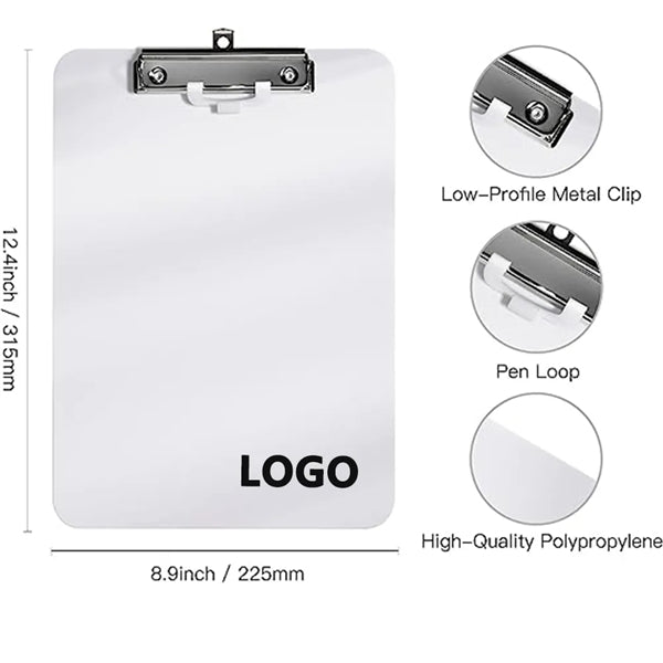 White Clipboard with Pen Holder and Low Profile Clip