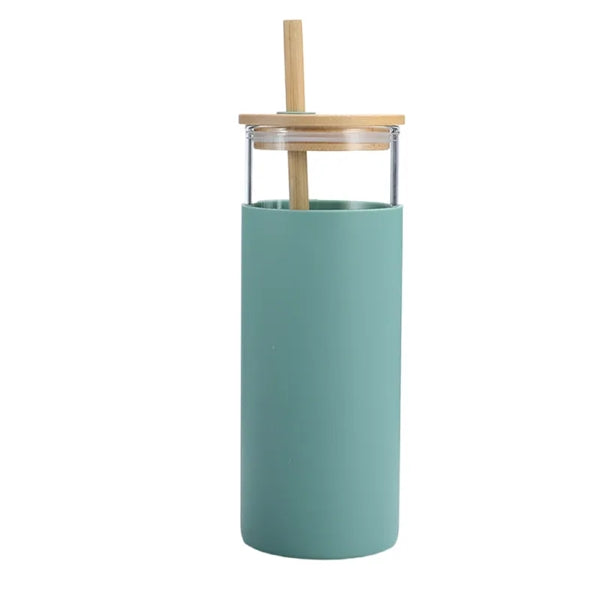 Silicone Sleeve Glass Tumbler with Bamboo Lid/Straw