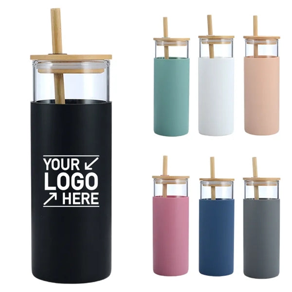 Silicone Sleeve Glass Tumbler with Bamboo Lid/Straw