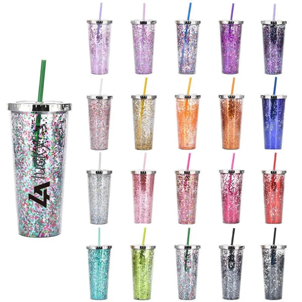 24oz Double Wall Glitter Tumbler With Straw