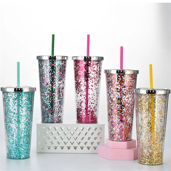 24oz Double Wall Glitter Tumbler With Straw