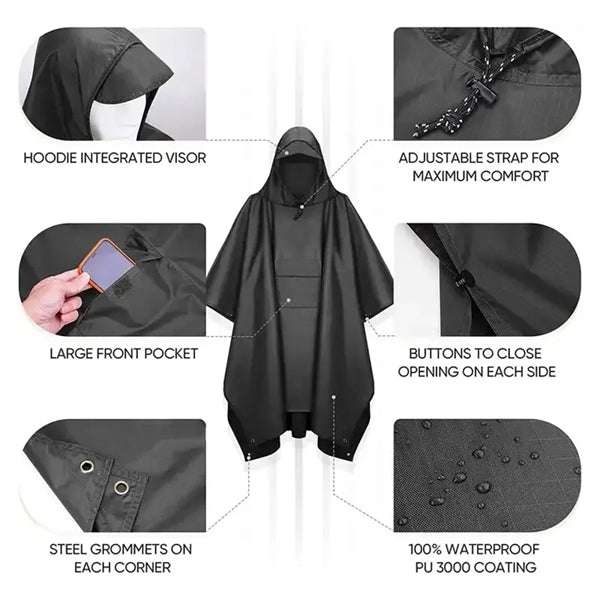 Unisex Hooded Rain Poncho Raincoat With Pockets