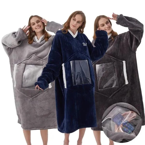 Winter Oversized Hoodie Wearable Blanket With Clear Pocket