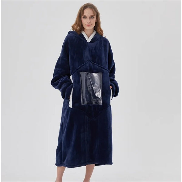 Winter Oversized Hoodie Wearable Blanket With Clear Pocket