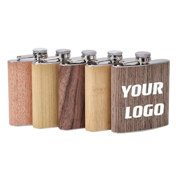 6 oz Wood Grain Stainless Steel Liquor Flask