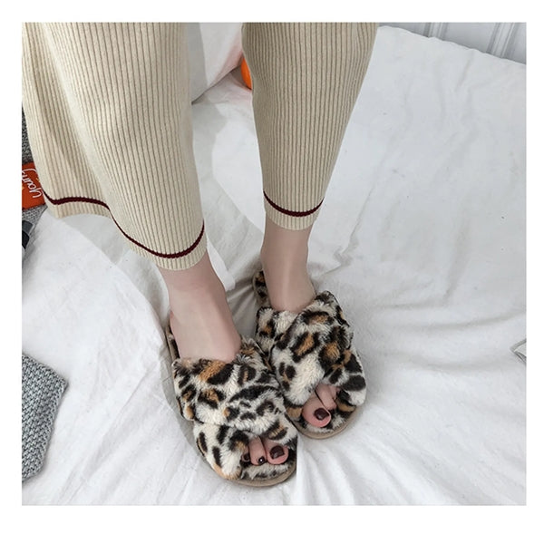 Cross Band Soft Plush Furry Breathable Open Toe Slippers