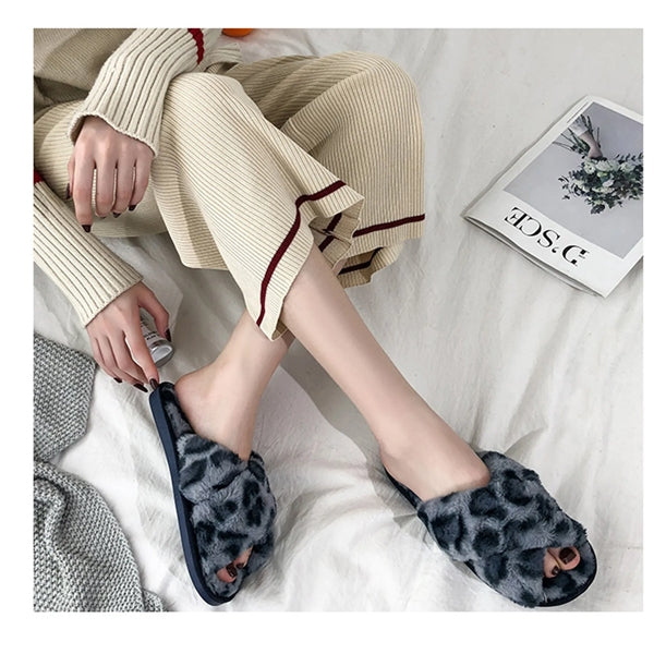Cross Band Soft Plush Furry Breathable Open Toe Slippers