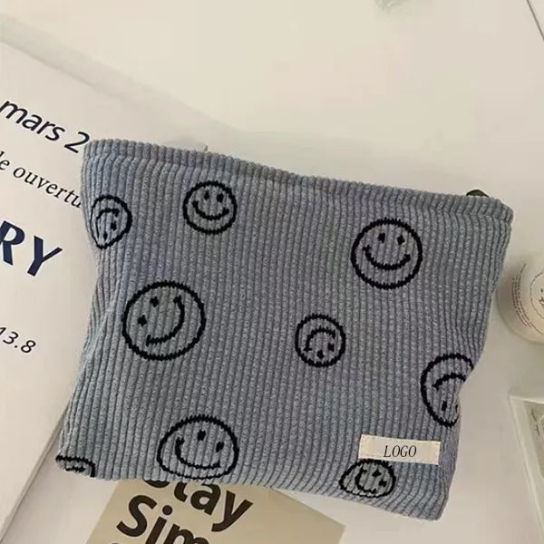 Corduroy Cosmetic Bag with Smile face design