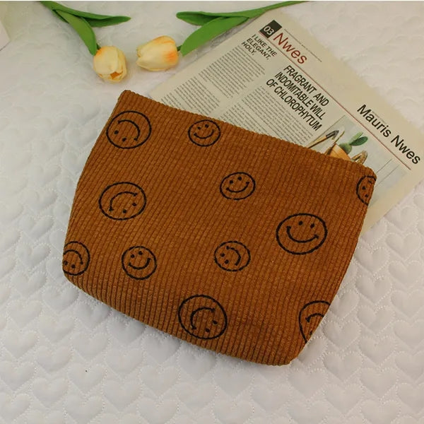 Corduroy Cosmetic Bag with Smile face design