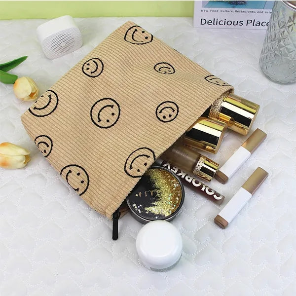 Corduroy Cosmetic Bag with Smile face design